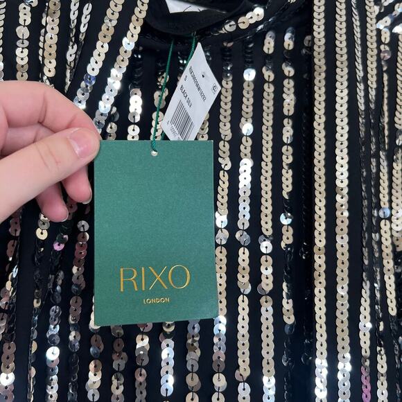 NWT RIXO Moss Black Silver Sequin Stripe Neck Tie Top Size Small Party Holiday - Picture 6 of 10